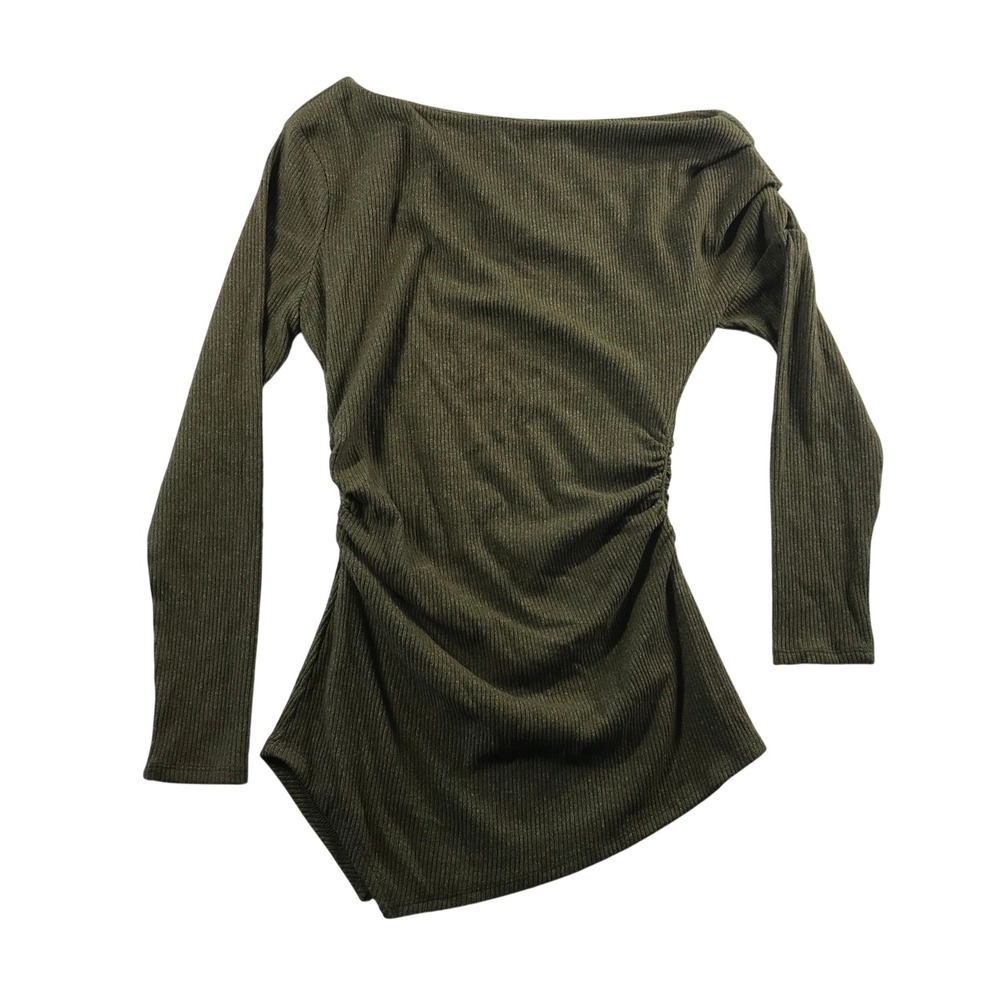 White House Black Market Olive Green Ribbed Ruched Asymmetric Top M Long Sleeve